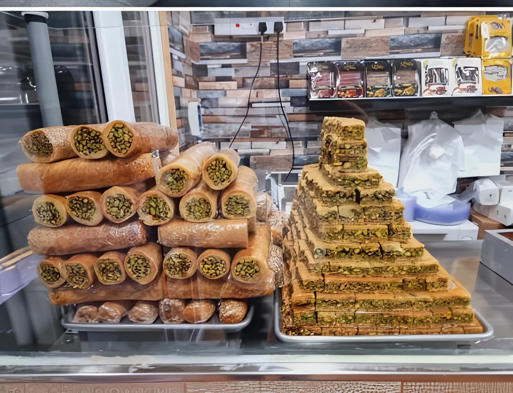 Baklava rolls and a pyramid of pistachio baklava on the shop counter