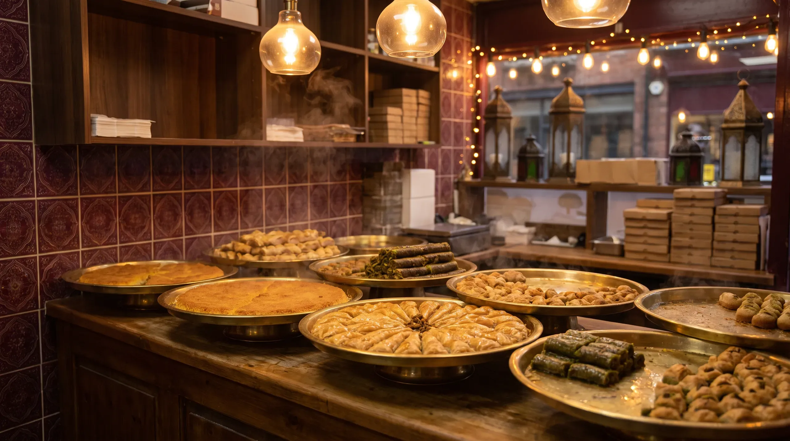 Trays of kunafa and baqlawa on the King of Sweets counter